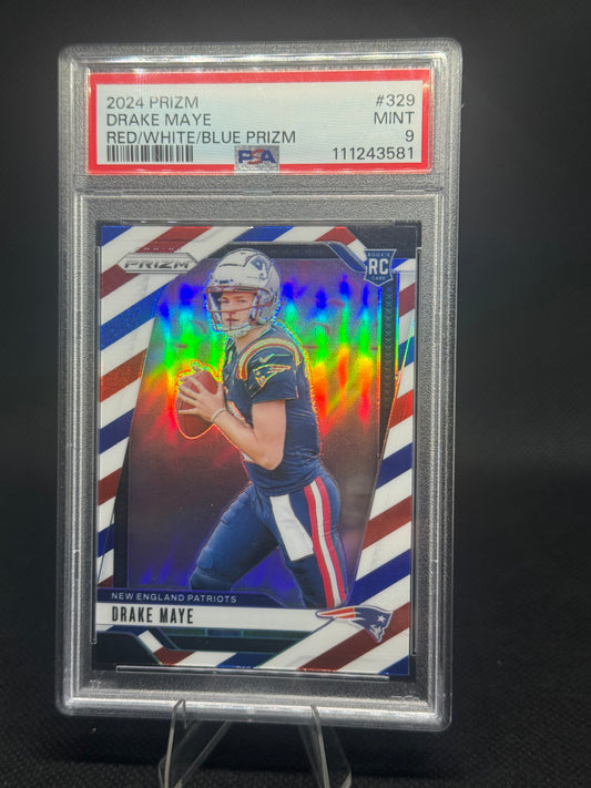 Panini Prizm #329 Drake Maye Red White Blue Prizm Rookie PSA 9 Mint